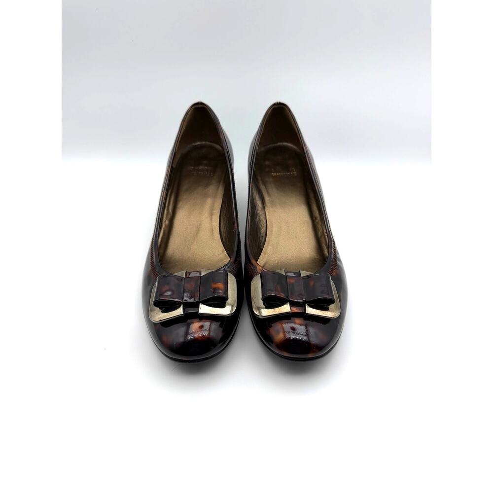 Stuart Weitzman Patent Leather Tortoise Bow Wedge Pumps Women's Size 9 M - Picture 2 of 10